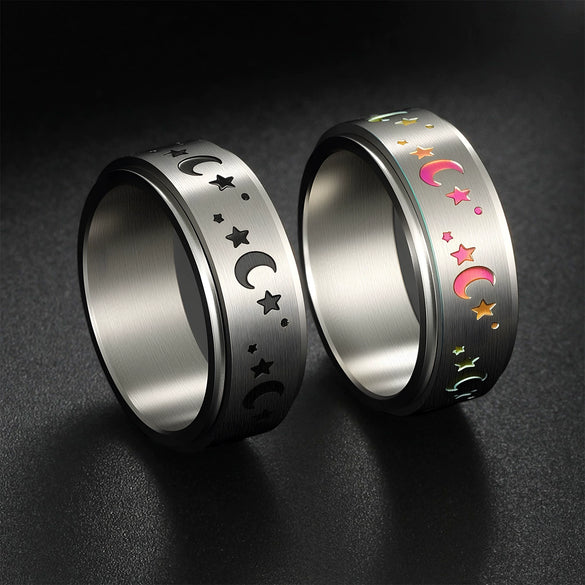 Titanium Steel Rotatable Ring With Stars And Moon Geometric Pattern For Unisex Apply Oil Treatment