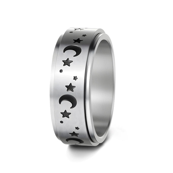 Titanium Steel Rotatable Ring With Stars And Moon Geometric Pattern For Unisex Apply Oil Treatment