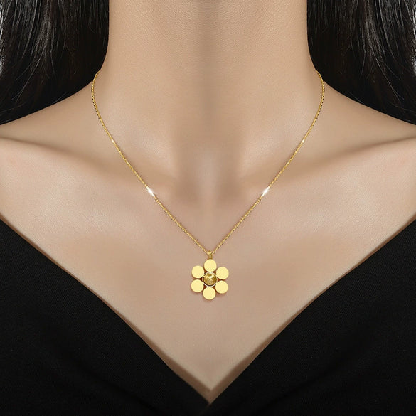 Titanium Steel Round Bead Sixpetal Flower Normcore Style Furnace Real Gold Electroplated Unisex Necklace