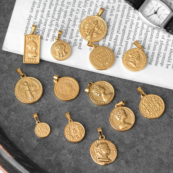 Titanium Steel Round Coin Pendant Necklace With Wheat Ear Pattern And Portrait Design Electroplated Gold Color Geometric Jewelry