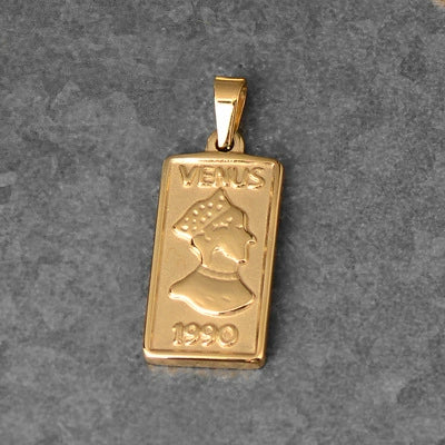 Titanium Steel Round Coin Pendant Necklace With Wheat Ear Pattern And Portrait Design Electroplated Gold Color Geometric Jewelry