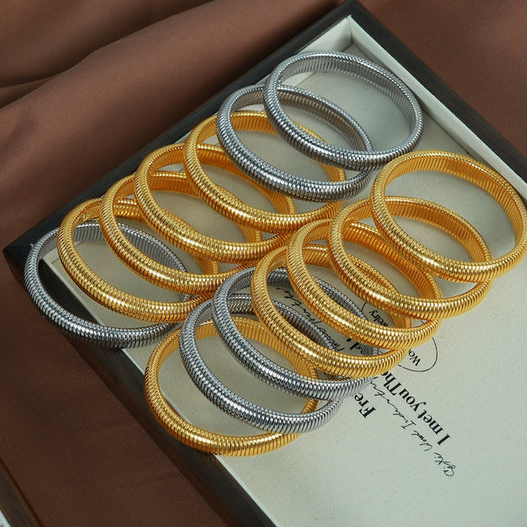 316L Stainless Steel Round Elastic Ring Bracelet With Retro Striped And Dragon Scale Pattern Electroplated For Women Fashionable And Trendy
