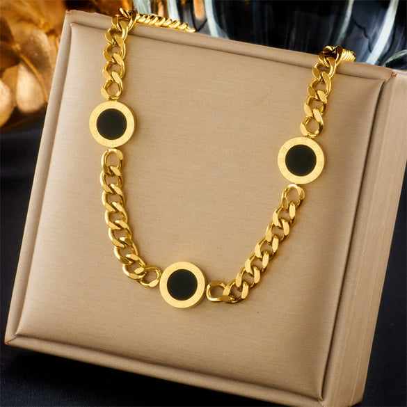Titanium Steel Round Plate Chain Necklace Simple Punk Retro Hiphop Style With Electroplating For Women