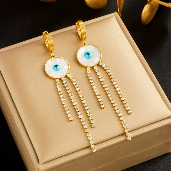 Titanium Steel Round Shell Blue Eyes Diamondembedded Chain Tassel Earrings For Women