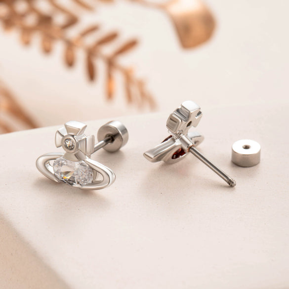 Titanium Steel Saturn Earrings With Zircon For Women