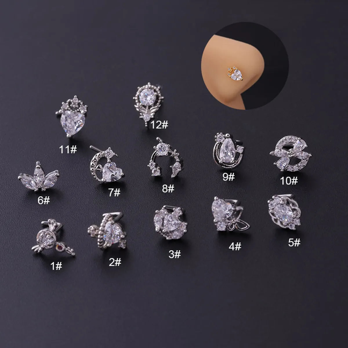 Fashion Heart Stainless Steel Plating Zircon Nose Studs