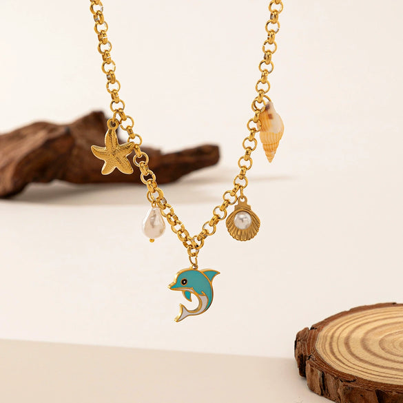 Titanium Steel Shell Necklace With Marine Life Pattern Electroplated For Women Holiday Style Jewelry