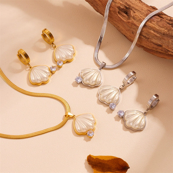 Titanium Steel Shell With Diamond Women's Necklace And Earrings Set Plant Flowers Pattern