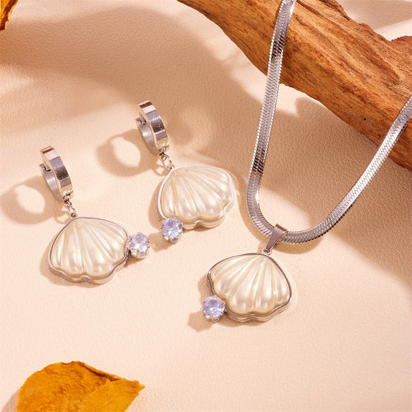 Titanium Steel Shell With Diamond Women's Necklace And Earrings Set Plant Flowers Pattern