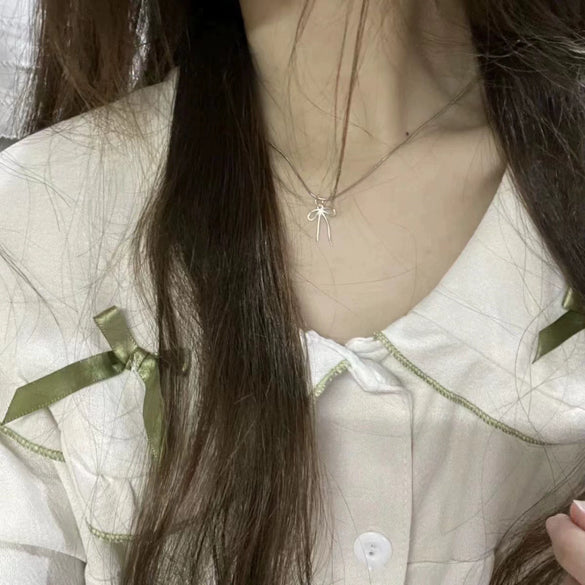 Titanium Steel Silver Line Bow Necklace Women's Knot Necklace Niche Elegant Allmatch Simple Collarbone Chain
