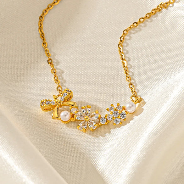 Titanium Steel Simple Style Classic Style Inlay Bow Knot Diamond Pendant Necklace