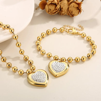 Titanium Steel Simple Style Heart Shape Inlay Rhinestones Jewelry Set