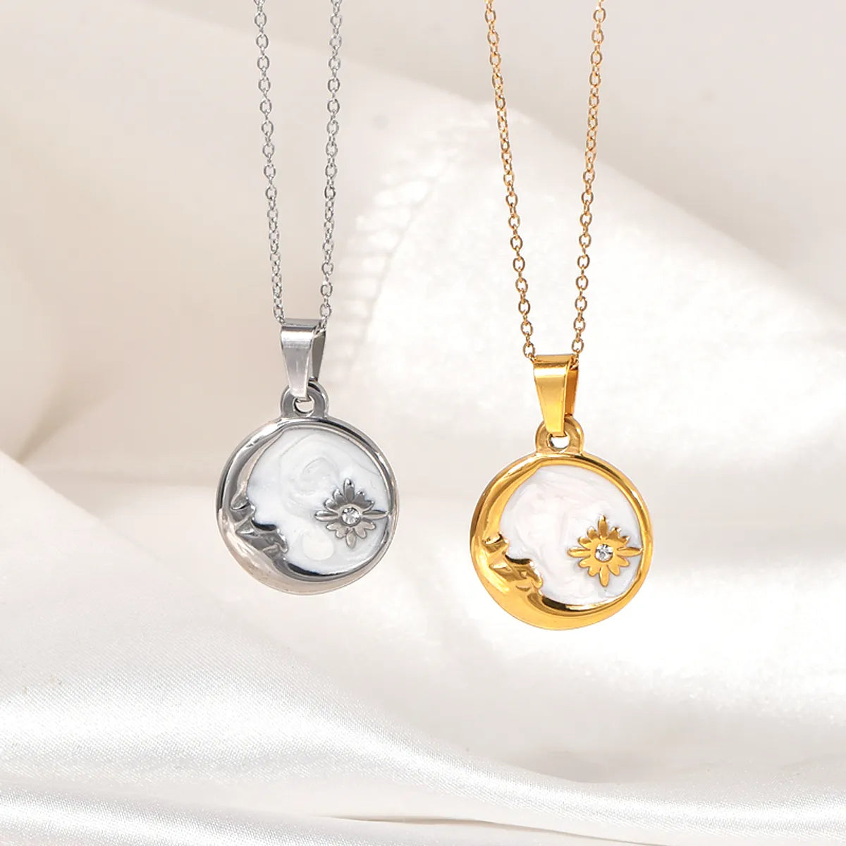 Titanium Steel Simple Style Moon Inlay Zircon Pendant Necklace