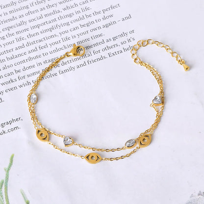 Simple Style Heart Shape Eye Flower 304 Stainless Steel 18K Gold Plated Glass Stone Bracelets In Bulk