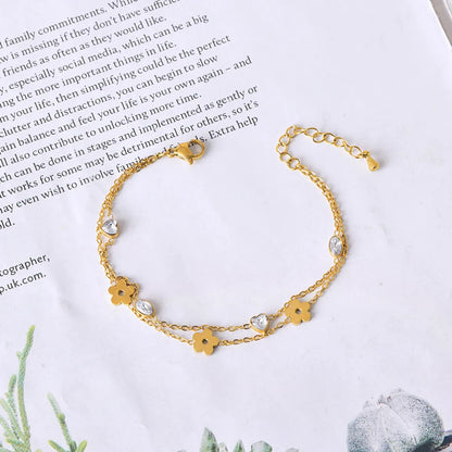 Simple Style Heart Shape Eye Flower 304 Stainless Steel 18K Gold Plated Glass Stone Bracelets In Bulk