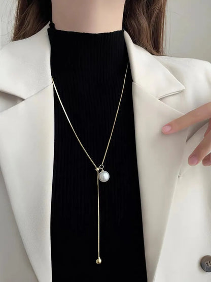 Titanium Steel Simple Style Round Pearl Plating Sweater Chain