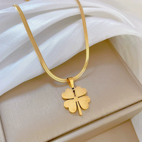 Titanium Steel Snake Chain Four Leaf Flower Geometric Style Electroplated Unisex Necklace