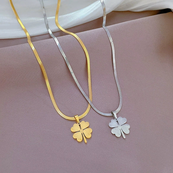 Titanium Steel Snake Chain Four Leaf Flower Geometric Style Electroplated Unisex Necklace