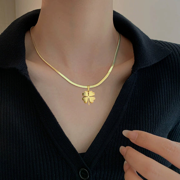 Titanium Steel Snake Chain Four Leaf Flower Geometric Style Electroplated Unisex Necklace