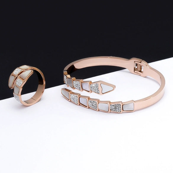 Stainless Steel Snake Shaped Open Ring Bracelet With White Shell And Diamond Accent Minimal Fashion Jewelry