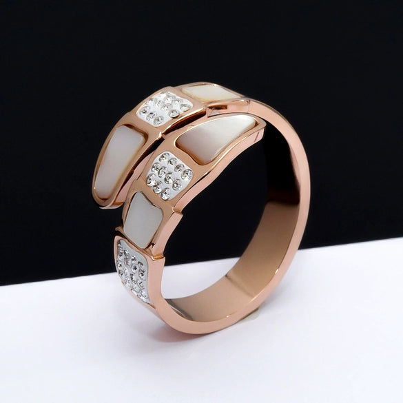 Stainless Steel Snake Shaped Open Ring Bracelet With White Shell And Diamond Accent Minimal Fashion Jewelry