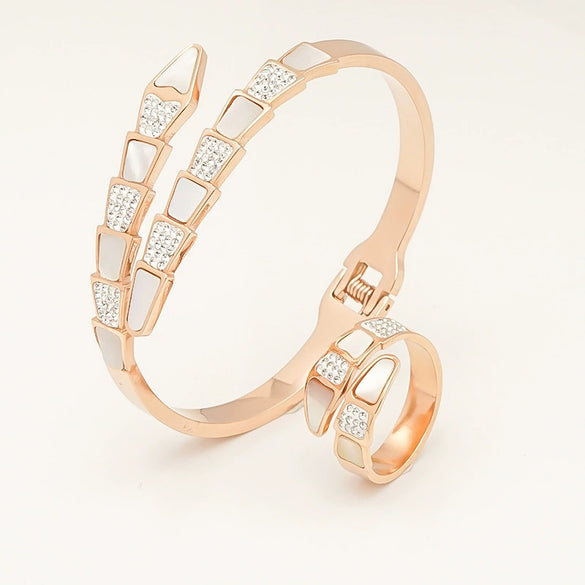 Stainless Steel Snake Shaped Open Ring Bracelet With White Shell And Diamond Accent Minimal Fashion Jewelry