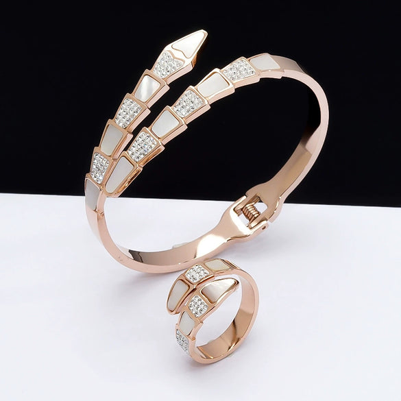 Stainless Steel Snake Shaped Open Ring Bracelet With White Shell And Diamond Accent Minimal Fashion Jewelry