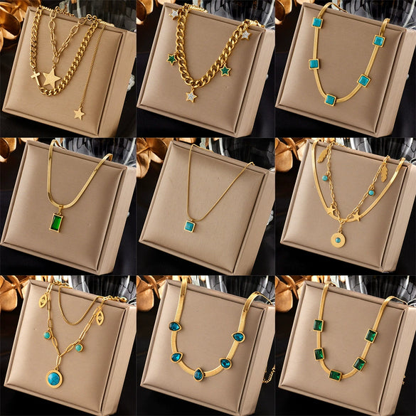 Titanium Steel Square Fivepointed Star Pendant Necklace Fashion Retro Design Electroplating Treatment For Women