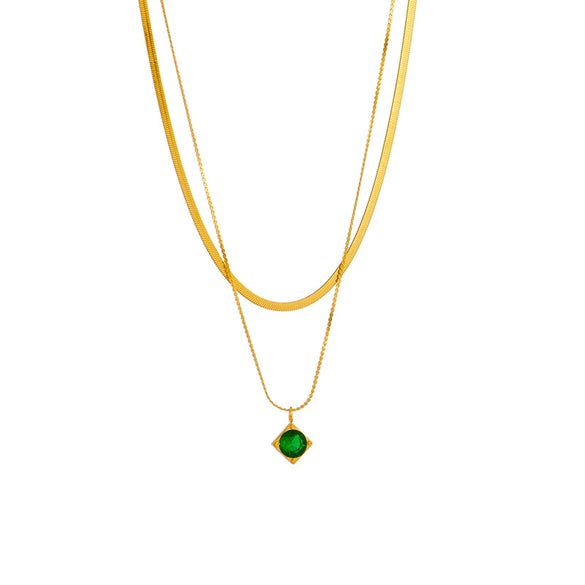 Titanium Steel Square Geometric Diamond Pendant Necklace With Double Layer Chain And Electroplating Treatment