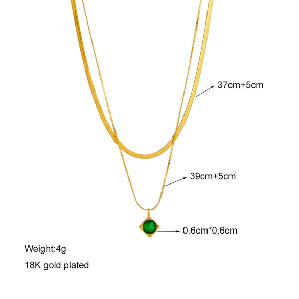 Titanium Steel Square Geometric Diamond Pendant Necklace With Double Layer Chain And Electroplating Treatment