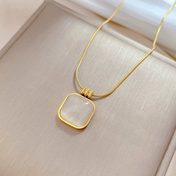 Titanium Steel Square Opal Necklace With Geometric Pattern Electroplated In Real Gold Simple And Cartoon Style Unisex