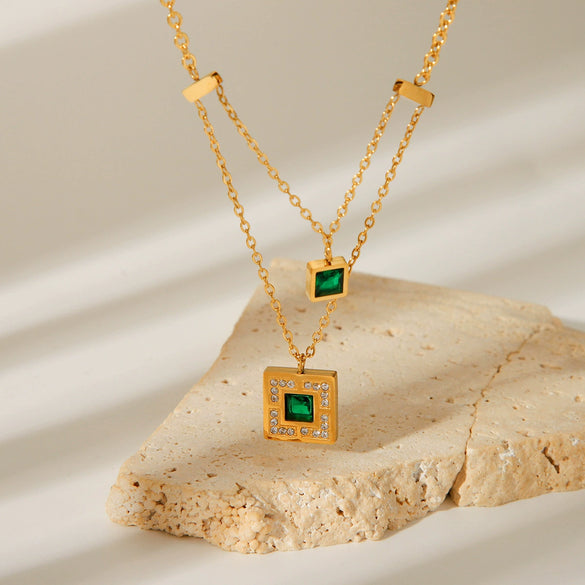 Titanium Steel Square Pendant Double Chain Necklace For Women With Geometric Pattern And Electroplating Treatment