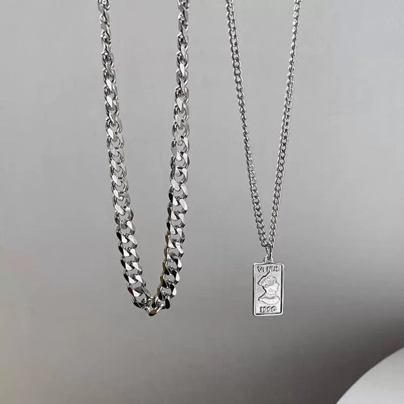 Titanium Steel Square Pendant Double Stack Cuba Thick Chain Necklace Geometric Style Unisex Hip Hop Sweater Chain Accessories