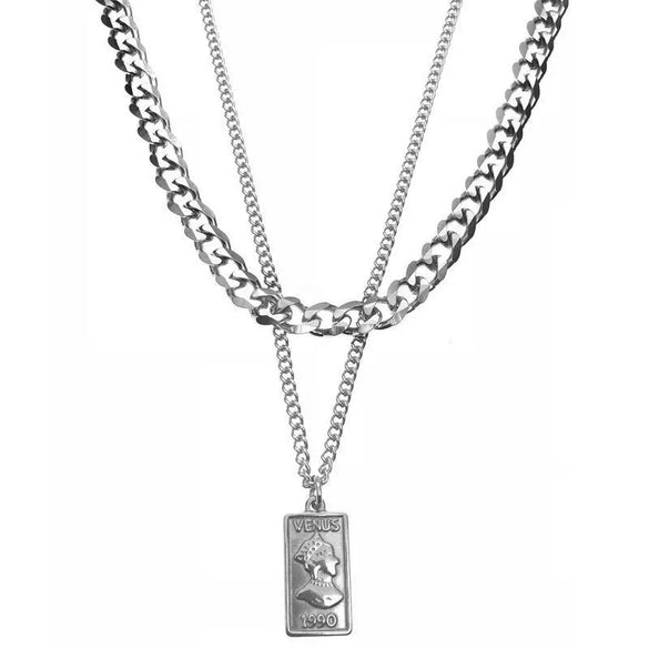 Titanium Steel Square Pendant Double Stack Cuba Thick Chain Necklace Geometric Style Unisex Hip Hop Sweater Chain Accessories