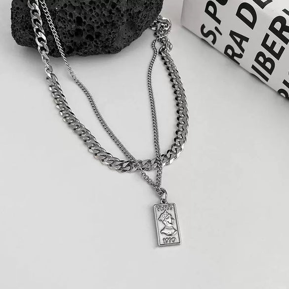 Titanium Steel Square Pendant Double Stack Cuba Thick Chain Necklace Geometric Style Unisex Hip Hop Sweater Chain Accessories