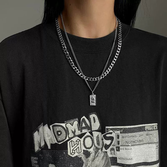 Titanium Steel Square Pendant Double Stack Cuba Thick Chain Necklace Geometric Style Unisex Hip Hop Sweater Chain Accessories