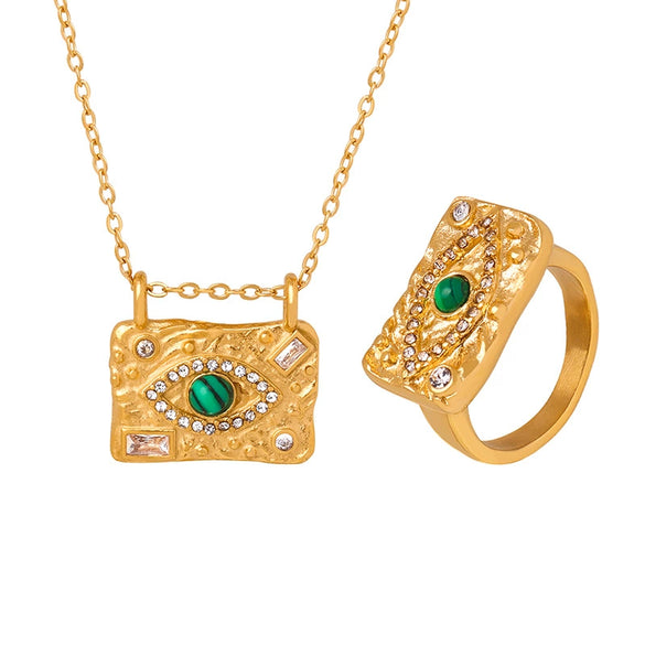 Titanium Steel Square Pendant Necklace And Ring Jewelry Suit With Devil's Eye Design And Electroplating Process