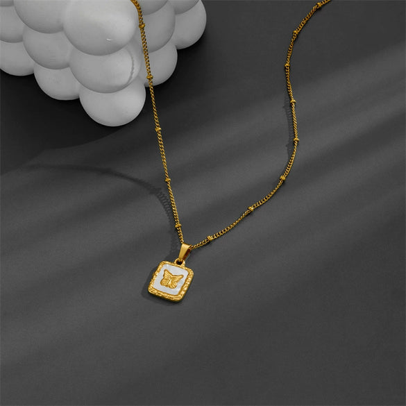 Titanium Steel Square Rose Butterfly Pendant Necklace With Geometric Pattern And Vacuum Electroplating In Furnace Cartoon Style Unisex