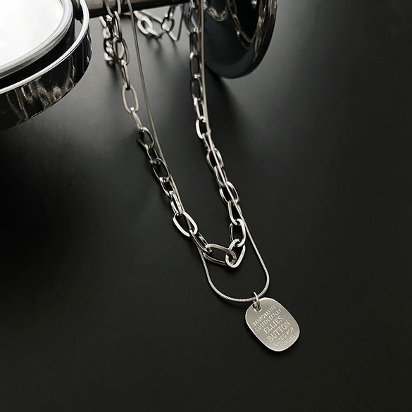 Titanium Steel Square Snake Bone Chain Double Layer Overlapping Collarbone Necklace With Geometric Pattern Light Luxury Style Jewelry For Female