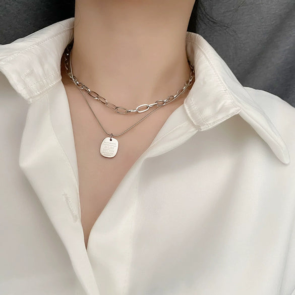 Titanium Steel Square Snake Bone Chain Double Layer Overlapping Collarbone Necklace With Geometric Pattern Light Luxury Style Jewelry For Female