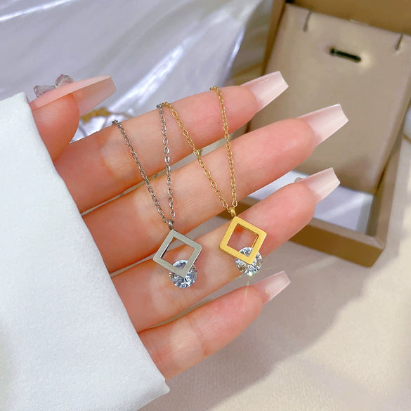 Titanium Steel Square Zircon Normcore Style Electroplated Cartoon Geometric Unisex Necklace