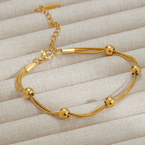 Titanium Steel Stacked Women's Minimalist Bracelet With Gold Bead And Gold Chain 18K Electroplated