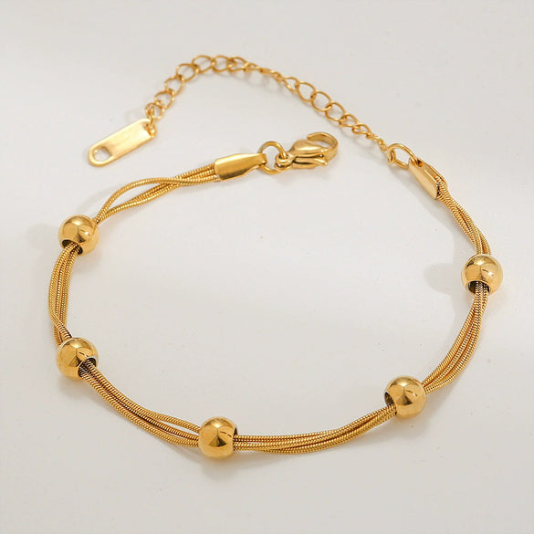 Titanium Steel Stacked Women's Minimalist Bracelet With Gold Bead And Gold Chain 18K Electroplated