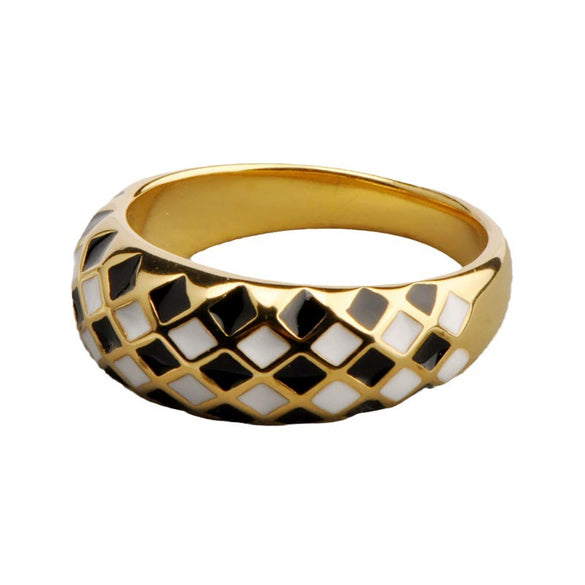 Titanium Steel Star Pattern Checkerboard Black And White Color Matching Electroplated Ring For Unisex