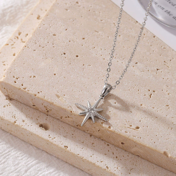 Titanium Steel Starshaped Pendant Necklace With Inlaid Zircon Electroplated Minimalist Geometric Style