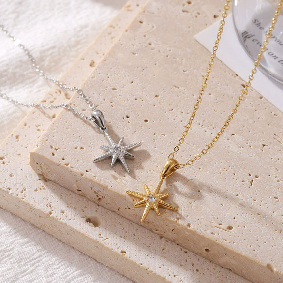 Titanium Steel Starshaped Pendant Necklace With Inlaid Zircon Electroplated Minimalist Geometric Style