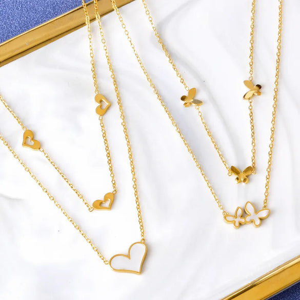 Wholesale Jewelry Sweet Heart Shape Butterfly 304 Stainless Steel Shell 18K Gold Plated Plating Inlay Double Layer Necklaces
