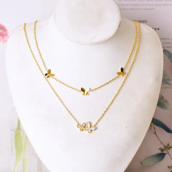 Wholesale Jewelry Sweet Heart Shape Butterfly 304 Stainless Steel Shell 18K Gold Plated Plating Inlay Double Layer Necklaces