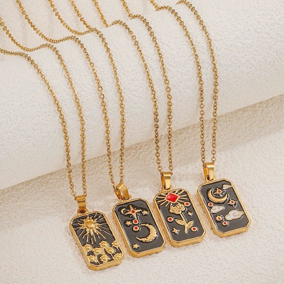 Titanium Steel Tarot Stereo Relief Pendant Necklace With Cartoon Characters Electroplating Design Unisex