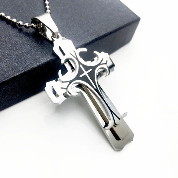 Titanium Steel Three Layer Cross Pendant Necklace Jewelry Original Design Geometric Style Electroplating